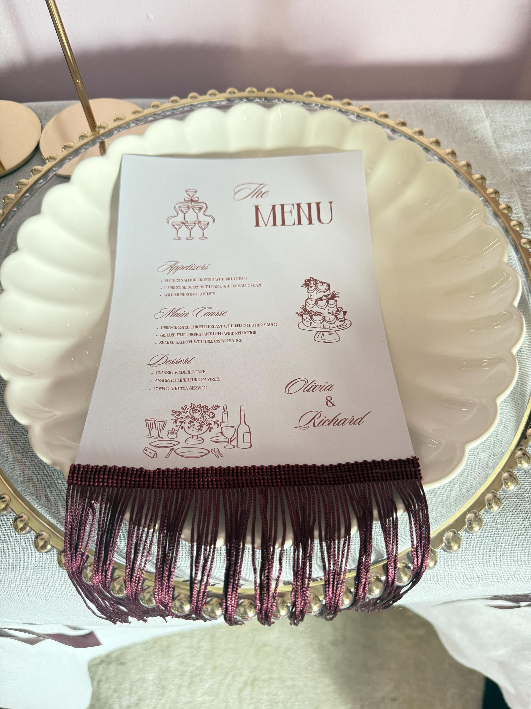 Fringe Wedding Menu Cards with Silk Tassel | Custom Wedding Menus | Luxury Tablescape Decor |