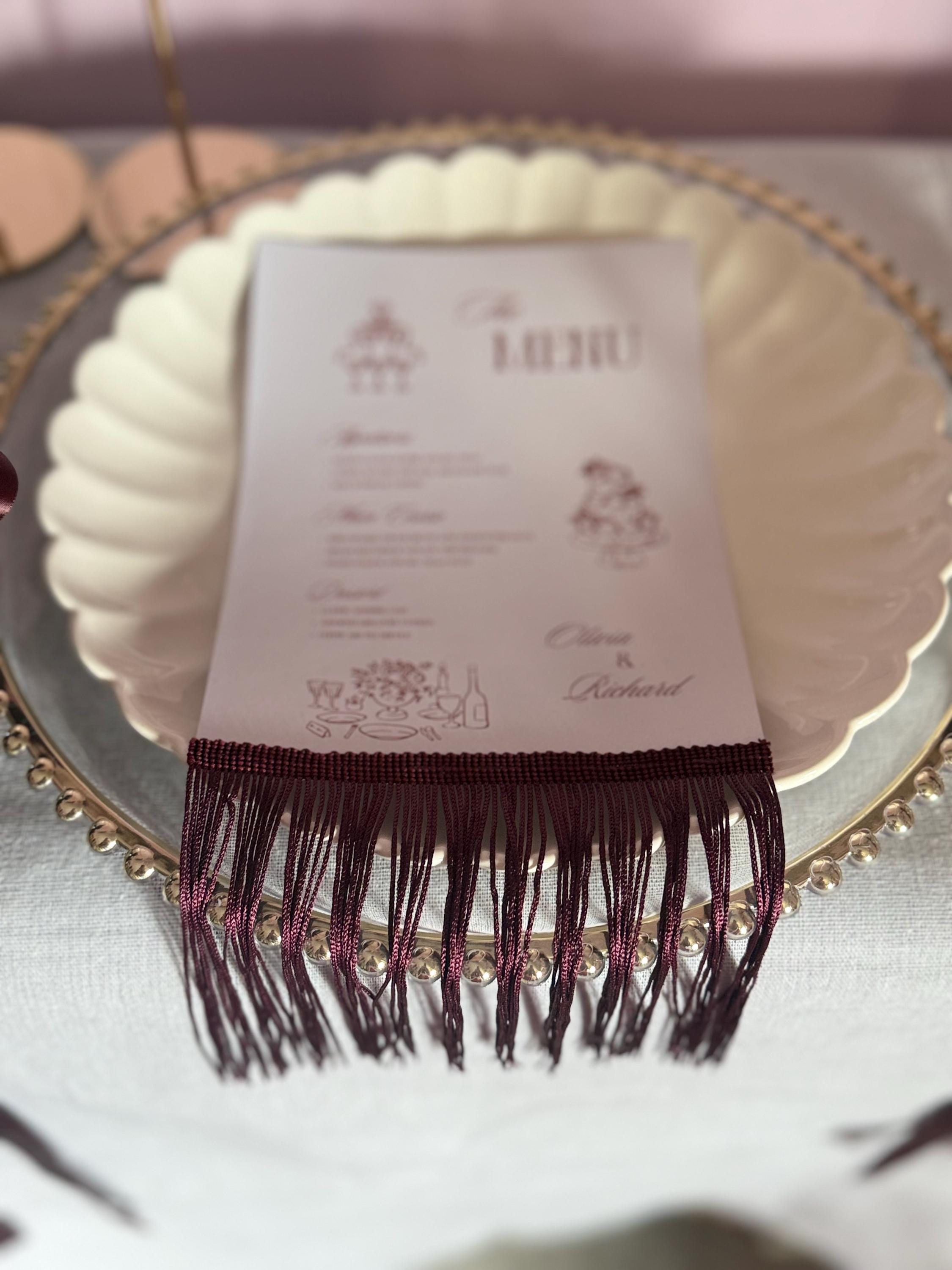 Fringe Wedding Menu Cards with Silk Tassel | Custom Wedding Menus | Luxury Tablescape Decor |