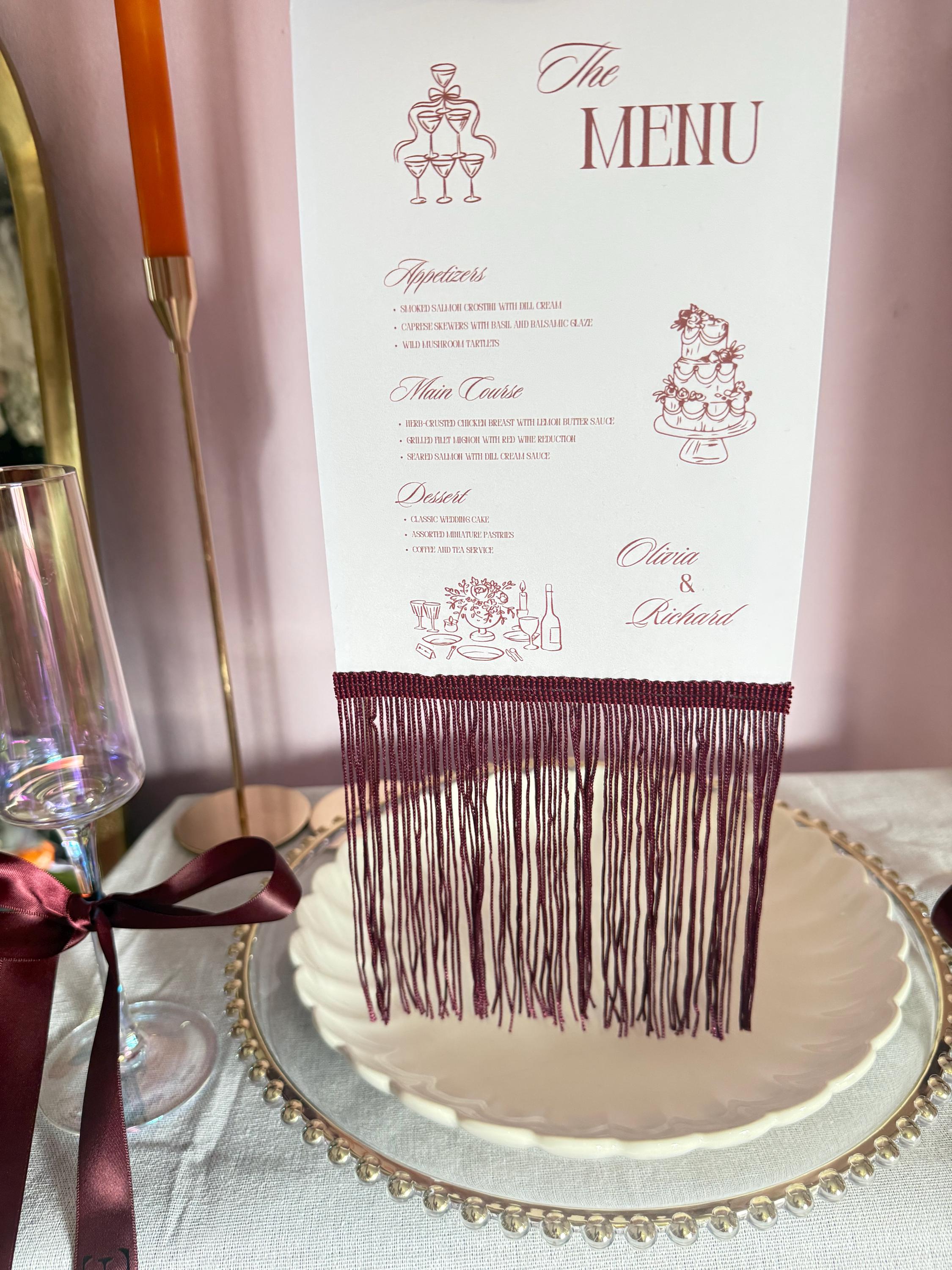 Fringe Wedding Menu Cards with Silk Tassel | Custom Wedding Menus | Luxury Tablescape Decor |