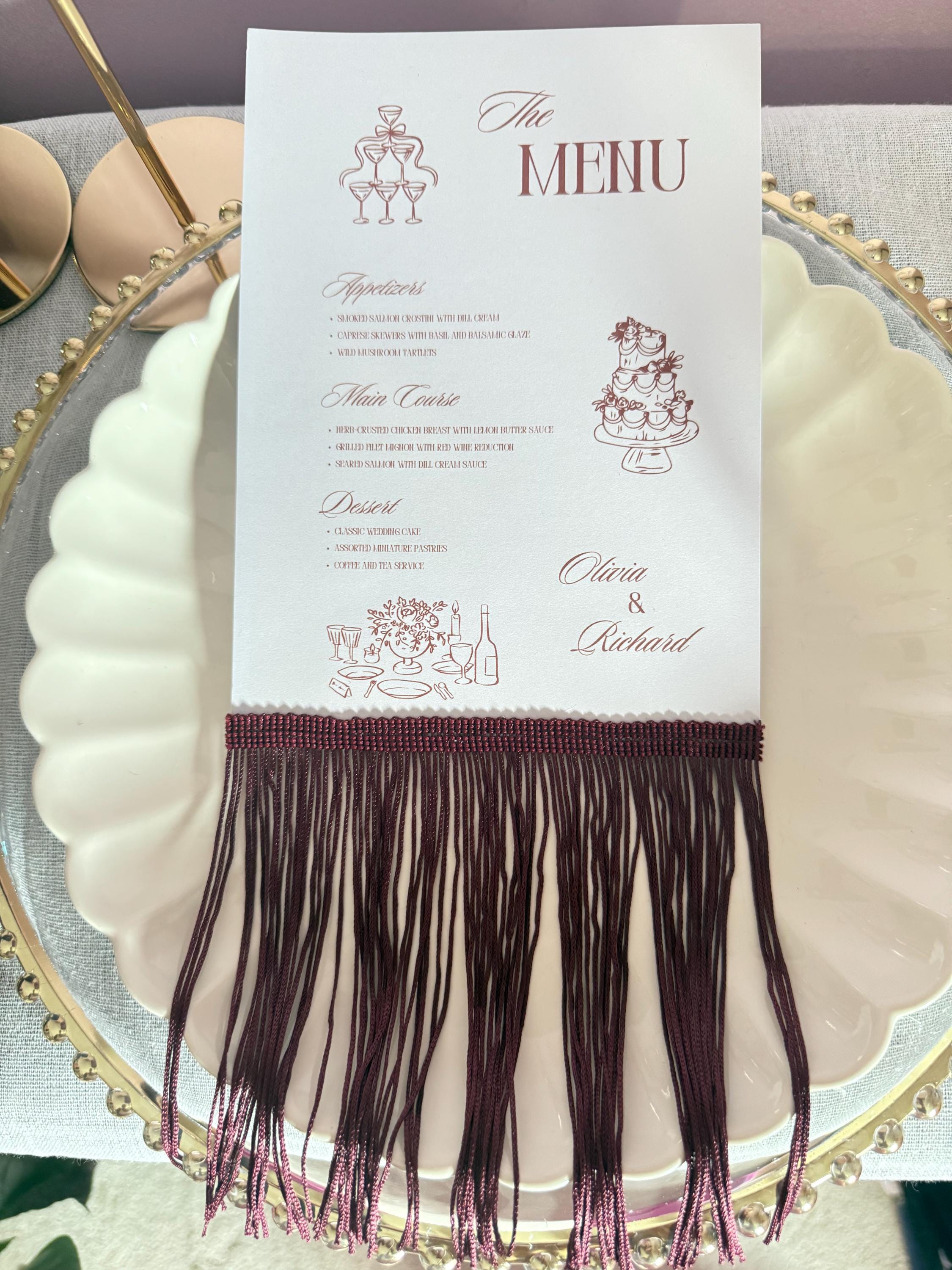 Fringe Wedding Menu Cards with Silk Tassel | Custom Wedding Menus | Luxury Tablescape Decor |