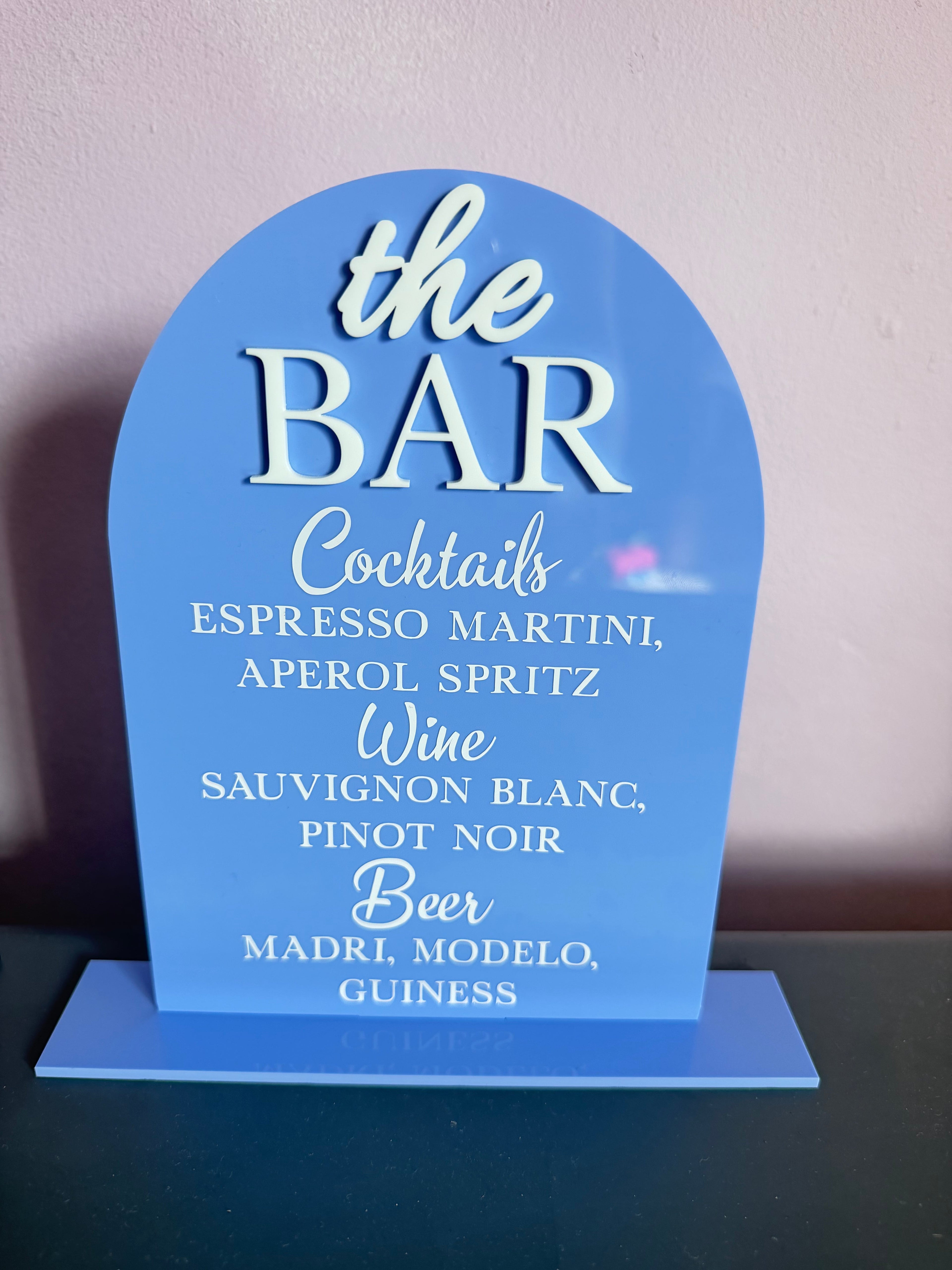 Lavender curved acrylic bar and cocktail menu sign, included in the bundle