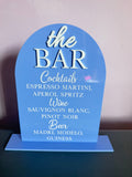 Lavender curved acrylic bar and cocktail menu sign