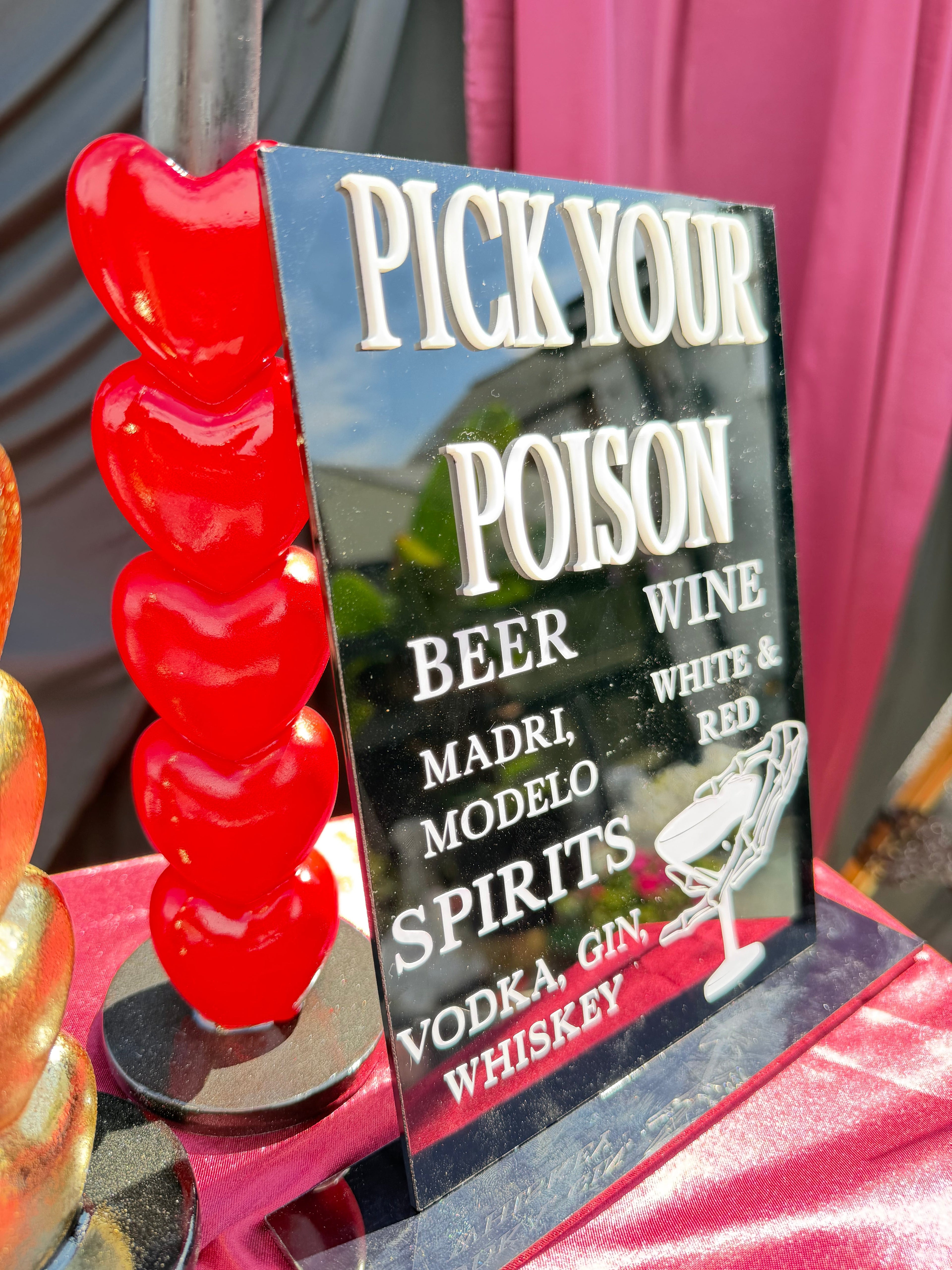 Side view of Pick Your Poison acrylic bar sign showing raised 3D lettering