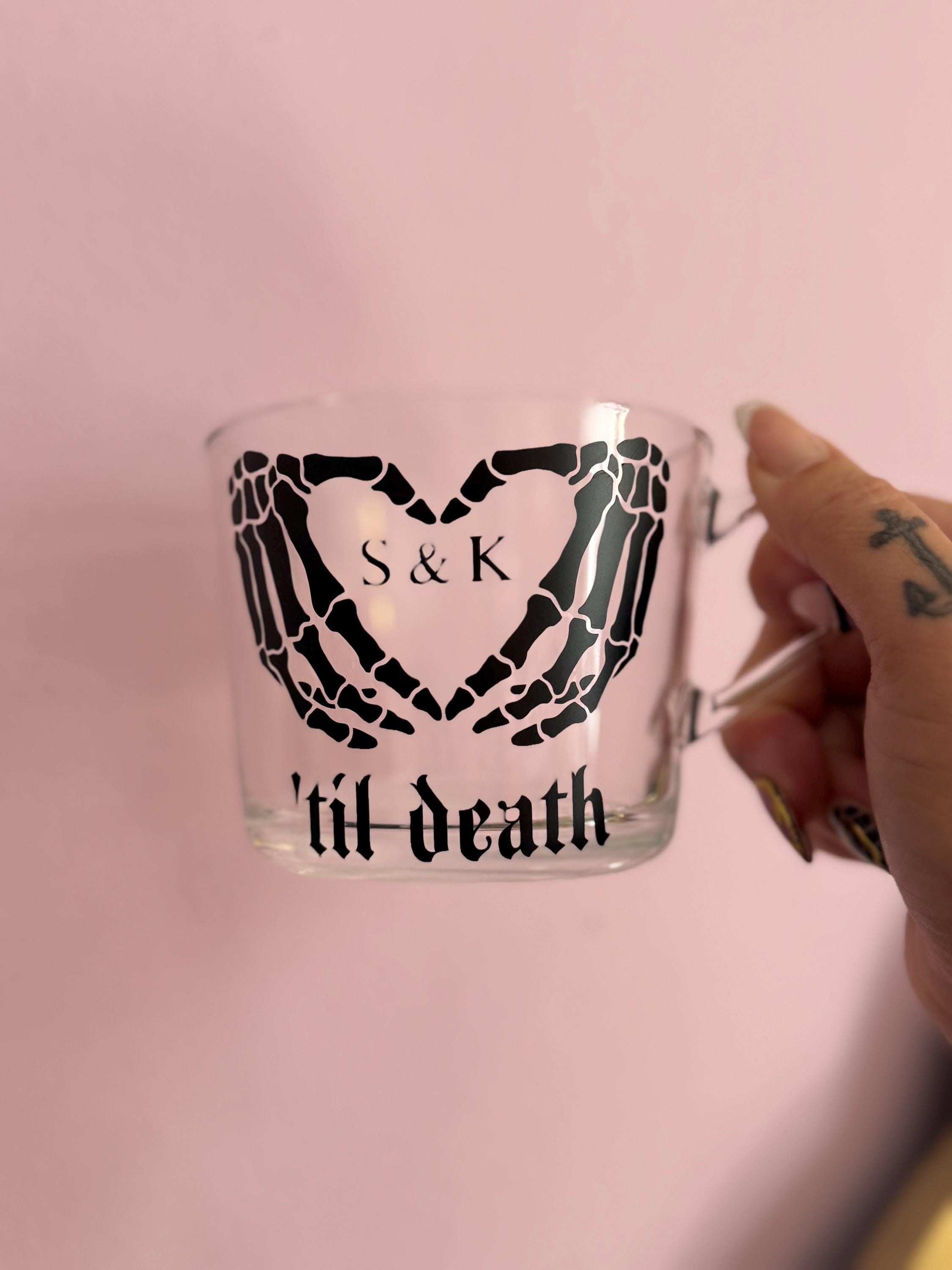 Personalised Skeleton Hands Heart Mug, Gothic Couple Gift, Custom Initials Cup