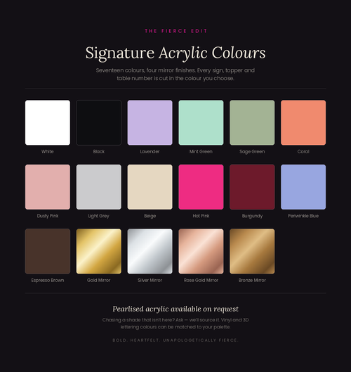 The Fierce Edit signature acrylic colour chart - 17 colours including four mirror finishes