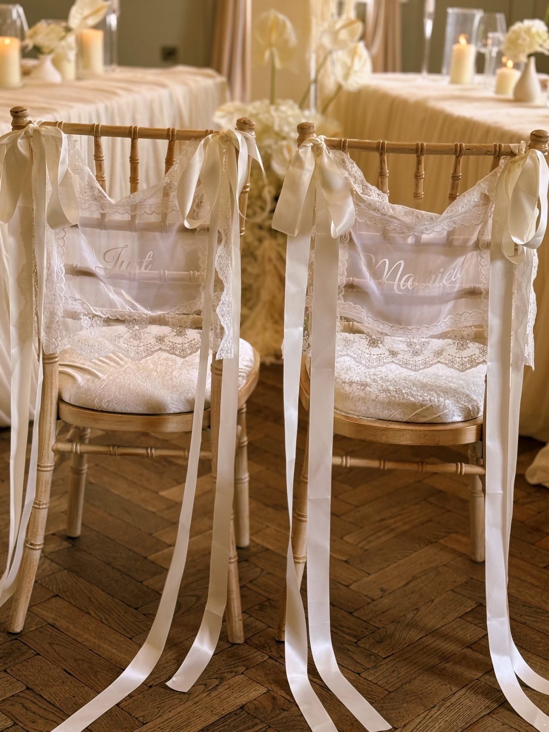 Handmade lace chair covers styled on wedding chairs