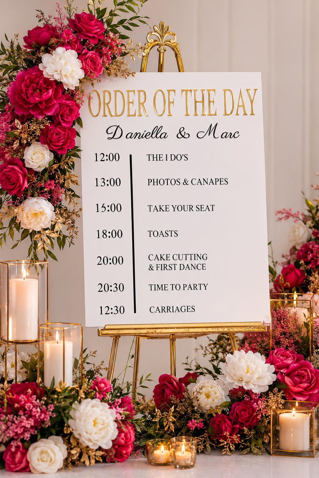 Acrylic Order of the Day wedding sign on gold easel with florals